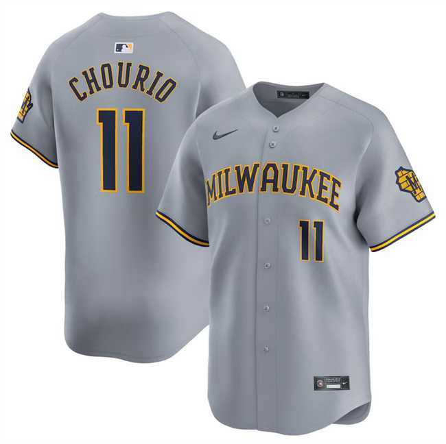 Men%27s Milwaukee Brewers #11 Jackson Chourio Grey 2024 Away Limited Stitched Baseball Jersey